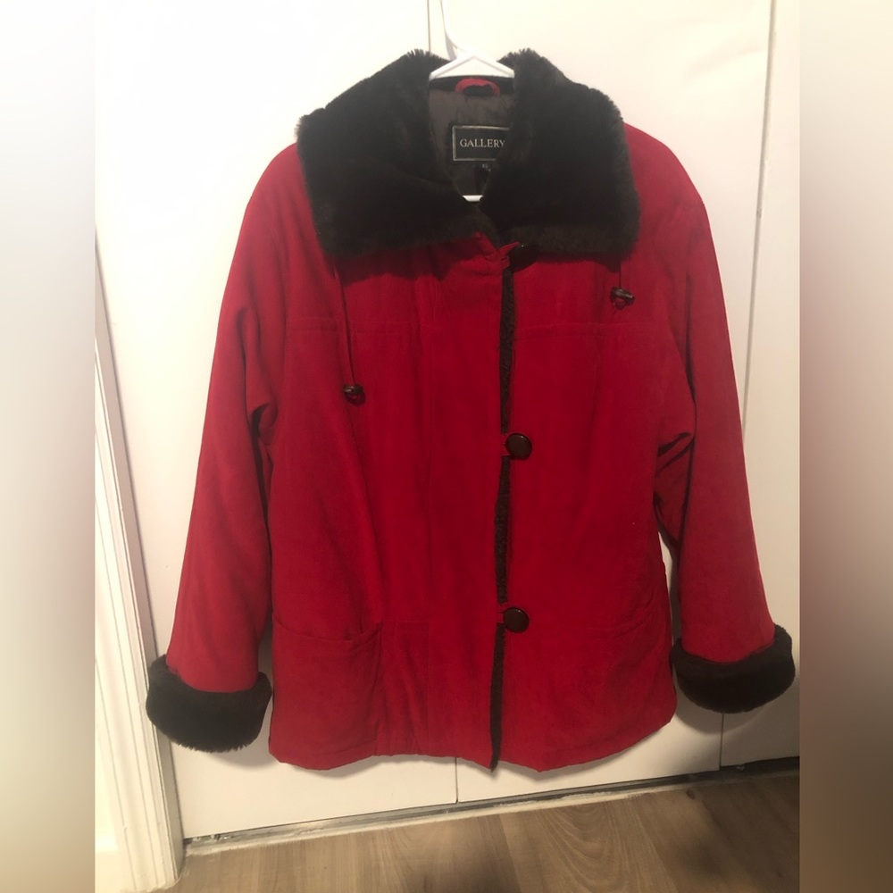Faux Red Suede Coat with Brown faux fur trim from Gallery.